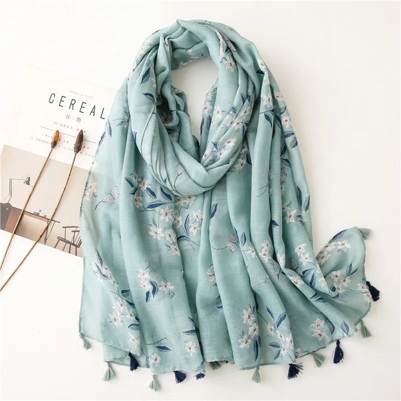 Women Fashion Large Cotton Flower Designs Tassel Prints Scarves Wrap Shawl Scarf