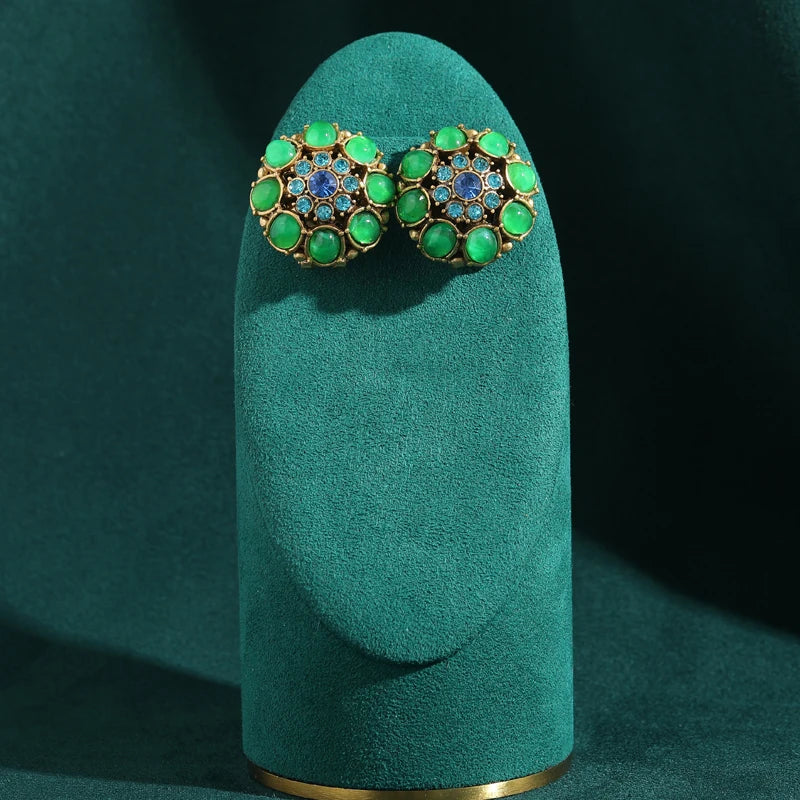 Vintage Crystal Round Oval Green Glazed Petal Women Flower Antique Stud Earrings