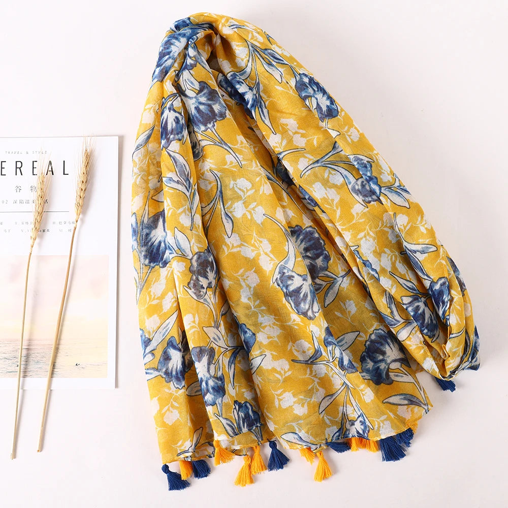 Women Fashion Large Cotton Flower Designs Tassel Prints Scarves Wrap Shawl Scarf
