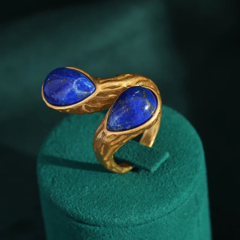 Women Blue Natural Stone Open Leopard Fashionable Water Drop Gold Color Pearl Flower Ring