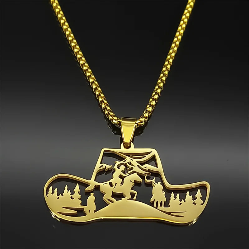 Horse Animal Western Cowboy Hat Tree Women Men Stainless Steel Silver Color Chain Necklace
