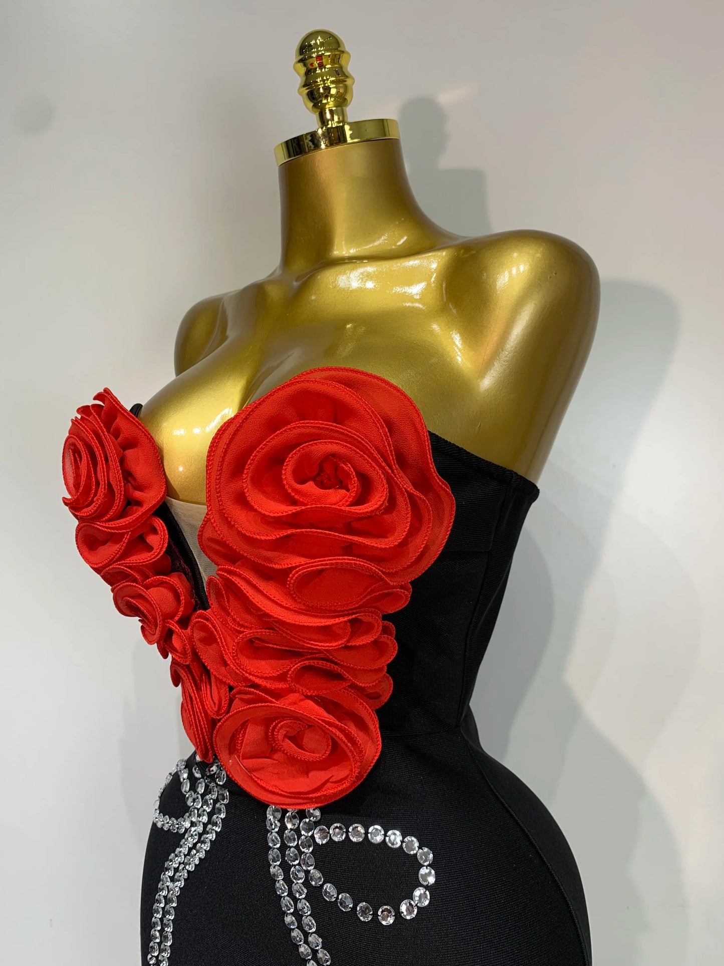 Sexy Strapless 3D Flowers Diamond Black Midi Bandage Elegant Evening Party Night Birthday Dress