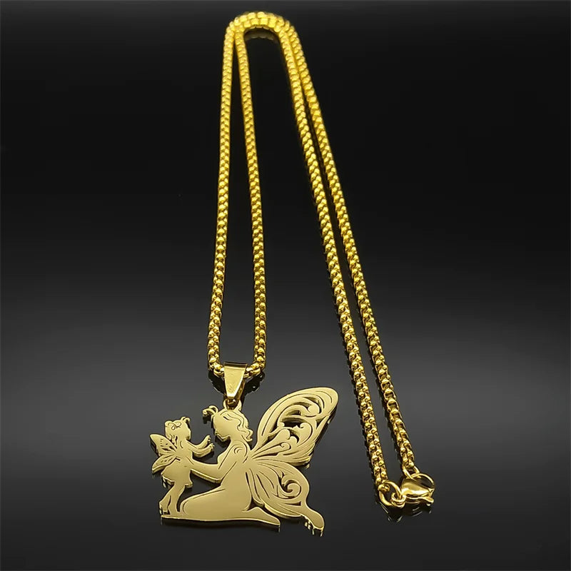 Butterfly Fairy Mom Daughter Men Stainless Steel Gold Color Love Chain Necklace Pendant
