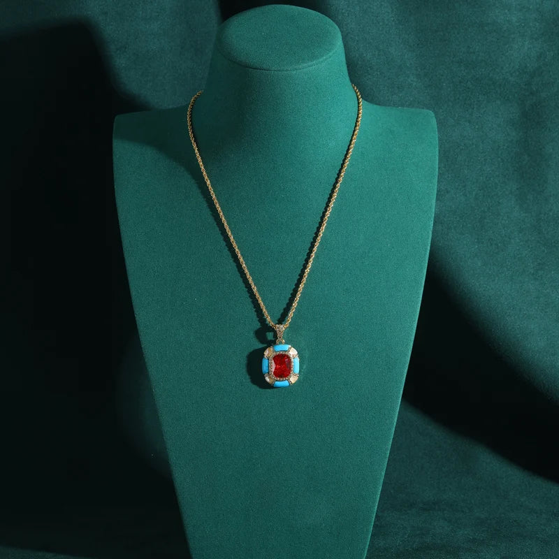 Vintage Designer Blue Enamel Red Glass Square Hanging French Stylish Luxury Charm Pendant Necklace