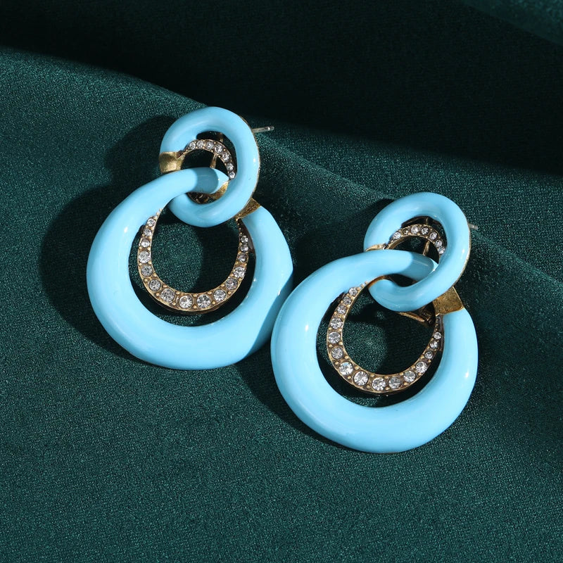 Vintage Blue Enamel 8-Shaped Infinite Women Geometry Antique Rhinestones Earrings