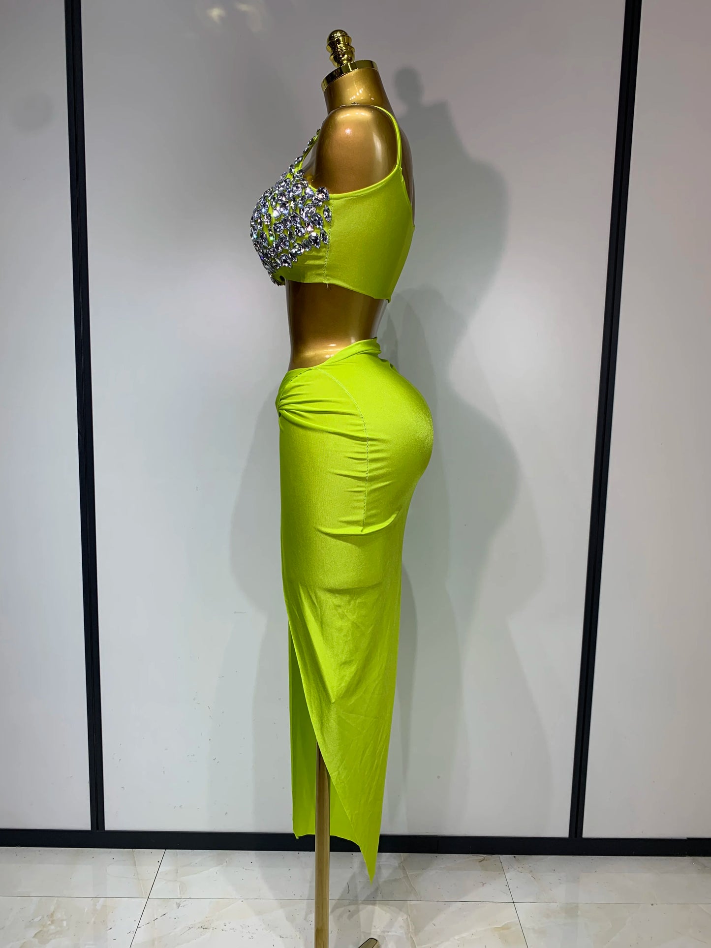Women Sparkly Rhinestone Crop Tops Long Skirt Two Pieces Birthday Party Dinner Dress