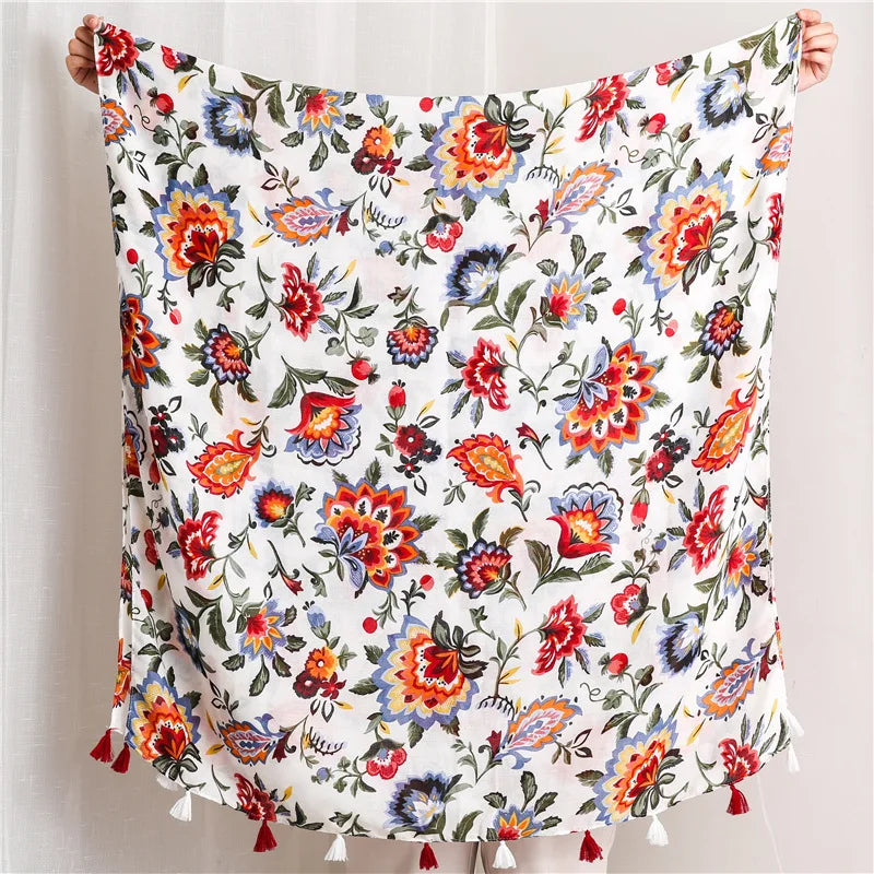 Women Fashion Large Cotton Flower Designs Tassel Prints Scarves Wrap Shawl Scarf