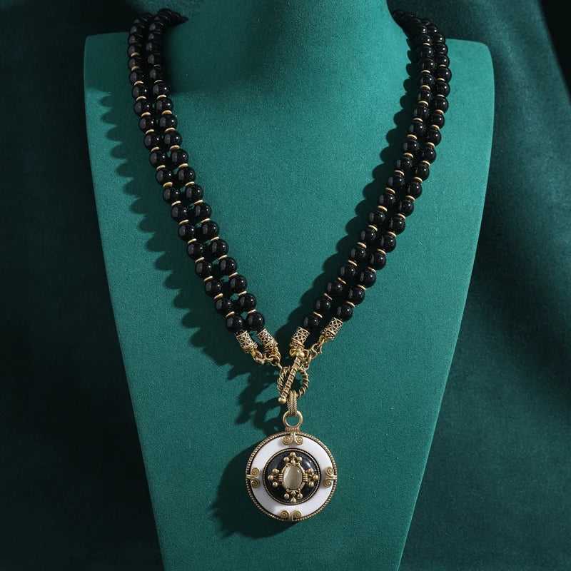 Vintage Black Natural Stone Bead Double Layered Chain Round White Pendant Antique Necklace
