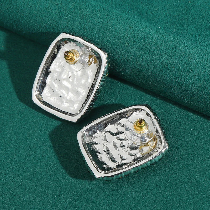 Vintage Wedding Natural Stone Square Blue Rhinestones Antique Studs Earrings