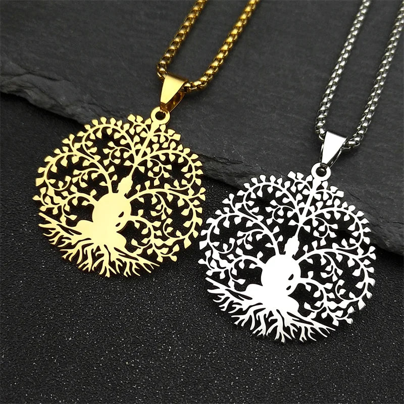 Unisex Tree of Life Buddhism Meditation Stainless Steel Gold Color Chain Necklace