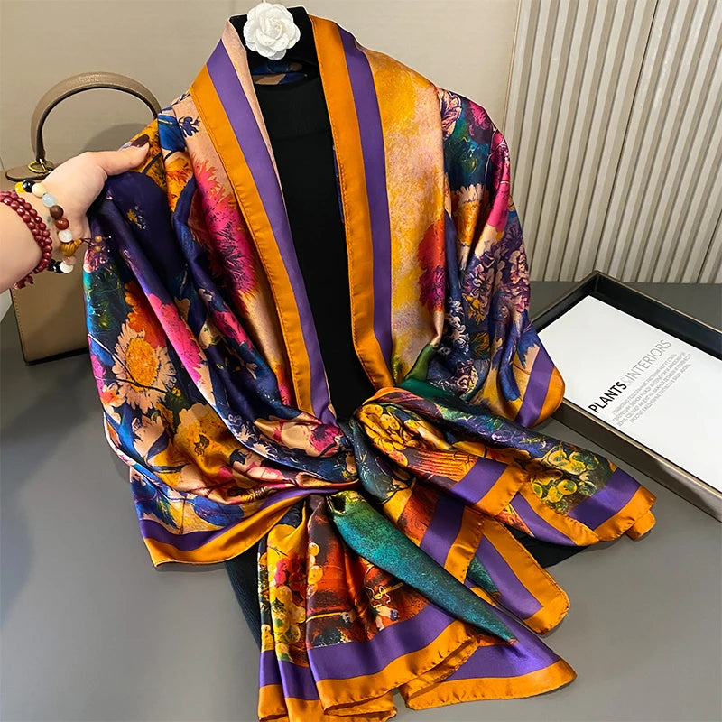 Women Fashion Printed Shawls Wraps Soft Pashmina Bandana Silk Scarves