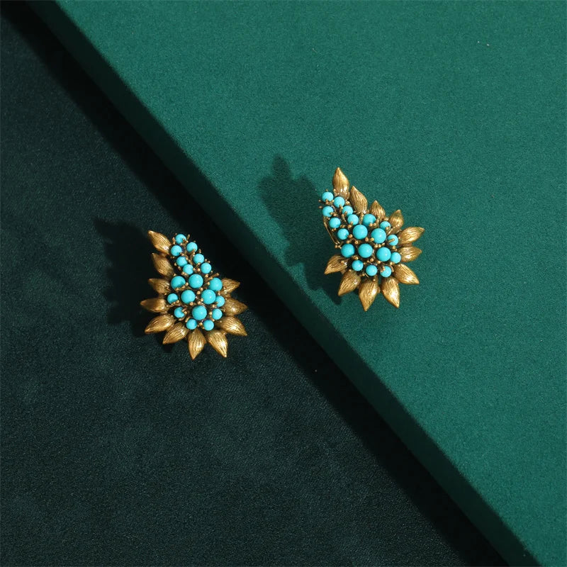 Women Vintage Beaded Sea Blue Natural Stones Tree Leaf Antique Bohemia Stud Earrings