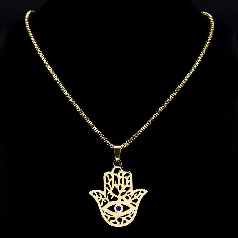 Hollow Fatima Hamsa Stainless Steel Gold Color Luck Hand Palm Blue Turkey Eye Pendants Necklace