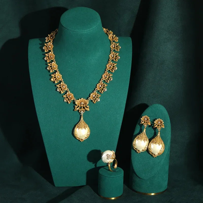 Women Vintage Baroque Pearl Dangle Yellow Flower Metal Carving Rose Water Drop Pendant Earrings