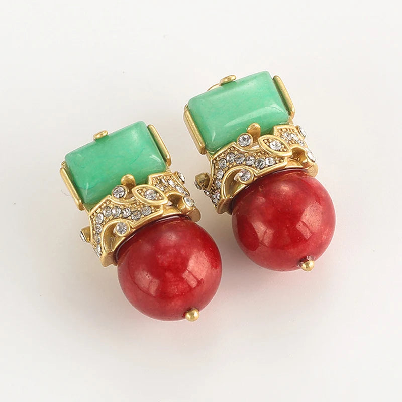Antique Jewelry Green Natural Stone Red Glass Ball Stud Crown Vintage Wedding Earrings