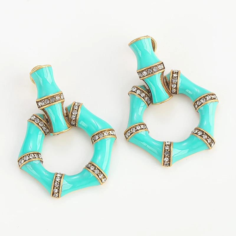 Vintage Blue Green Drip Oil Snake Bamboo Women Designer Earrings