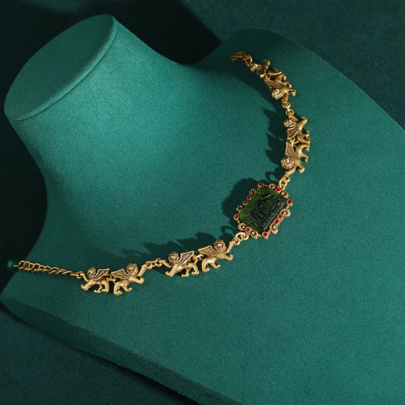 Women Vintage Green Glass Charm Square Relief Lion Real Gold Plated Designer Bracelet