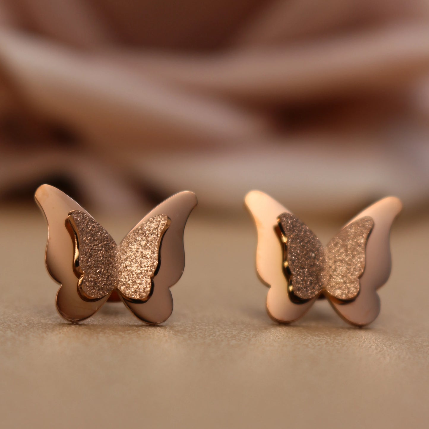 Sweet Romantic Gold Color Three-Dimensional Butterfly Design Stainless Steel Stud Earrings