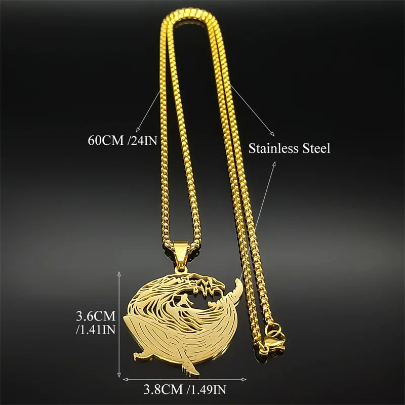 Whale Surf Riding Women Men Stainless Steel Gold Color Chain Necklace Pendant