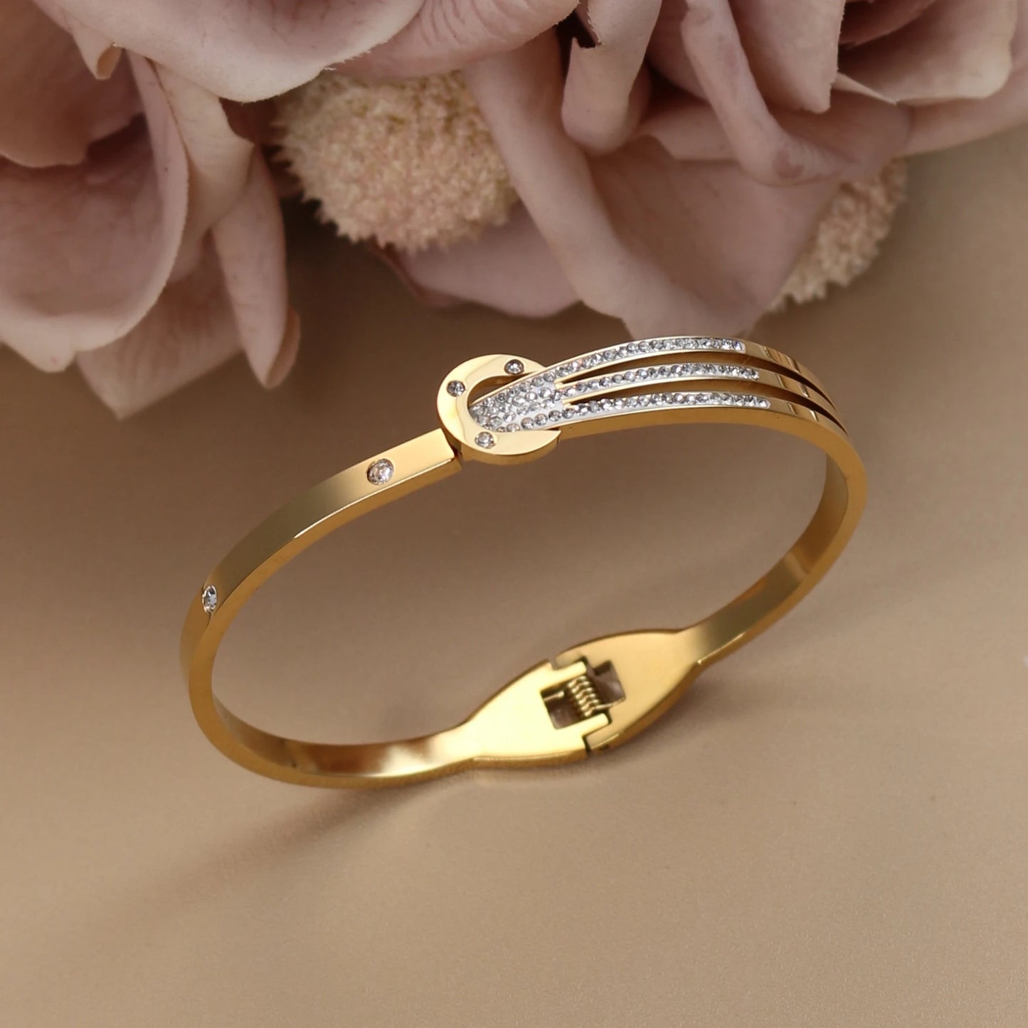 Women 18k Gold Plated Crystal Hollow Open Stainless Steel Bracelet