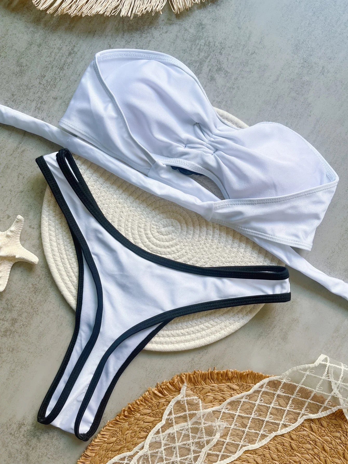 Women Solid Color 3D Flower Split Flat Strap Swimwear Beach Bikini Bathing Suits