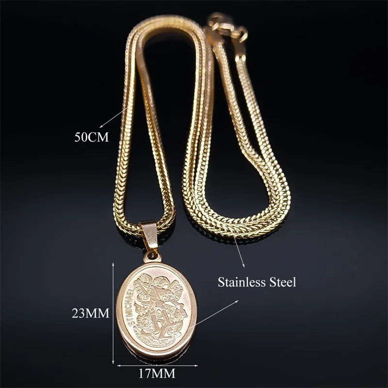 Men Orhodox Amulet Christian St.Michael Archangel Stainless Steel Protect Me Saint Angel Necklace