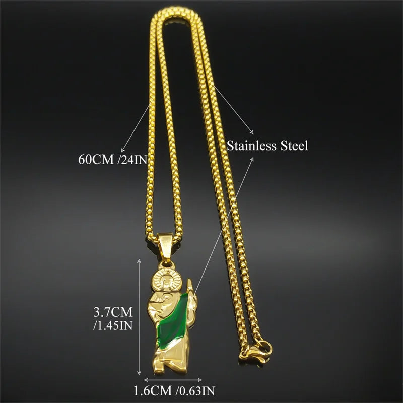 Women Men Stainless Steel Gold Color St. Jude Religious San Judas Tadeo Pendant Necklace