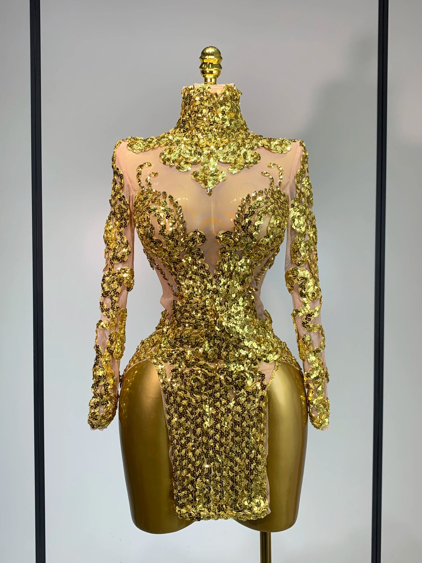 Sparkly Silver Gold Sequins Shor Sexy High Slit Nightclub Evening Party Birthday Dress