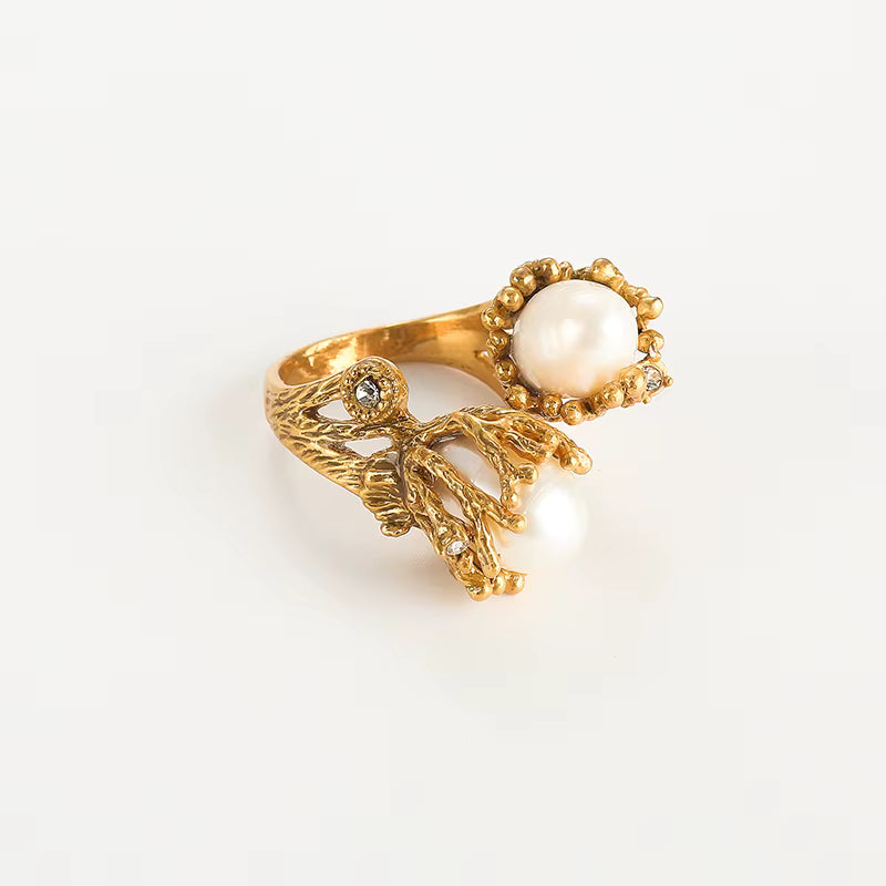 Women Blue Natural Stone Open Leopard Fashionable Water Drop Gold Color Pearl Flower Ring