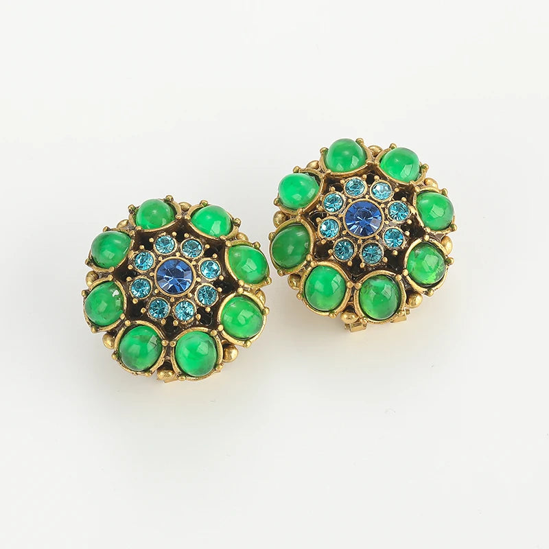 Vintage Crystal Round Oval Green Glazed Petal Women Flower Antique Stud Earrings