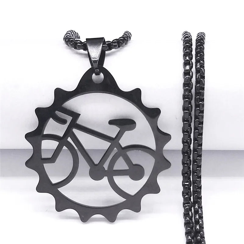 Women Men Tires Bike Bicycle Stainless Steel Long Chain Black Color Necklaces