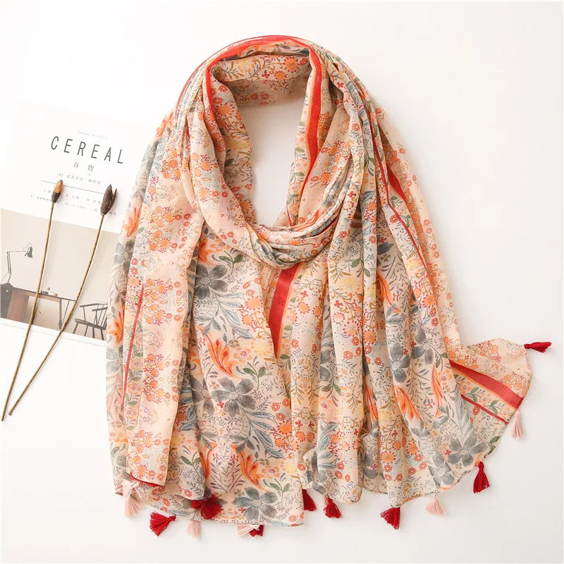 Women Fashion Large Cotton Flower Designs Tassel Prints Scarves Wrap Shawl Scarf