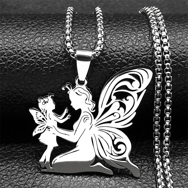 Butterfly Fairy Mom Daughter Men Stainless Steel Gold Color Love Chain Necklace Pendant