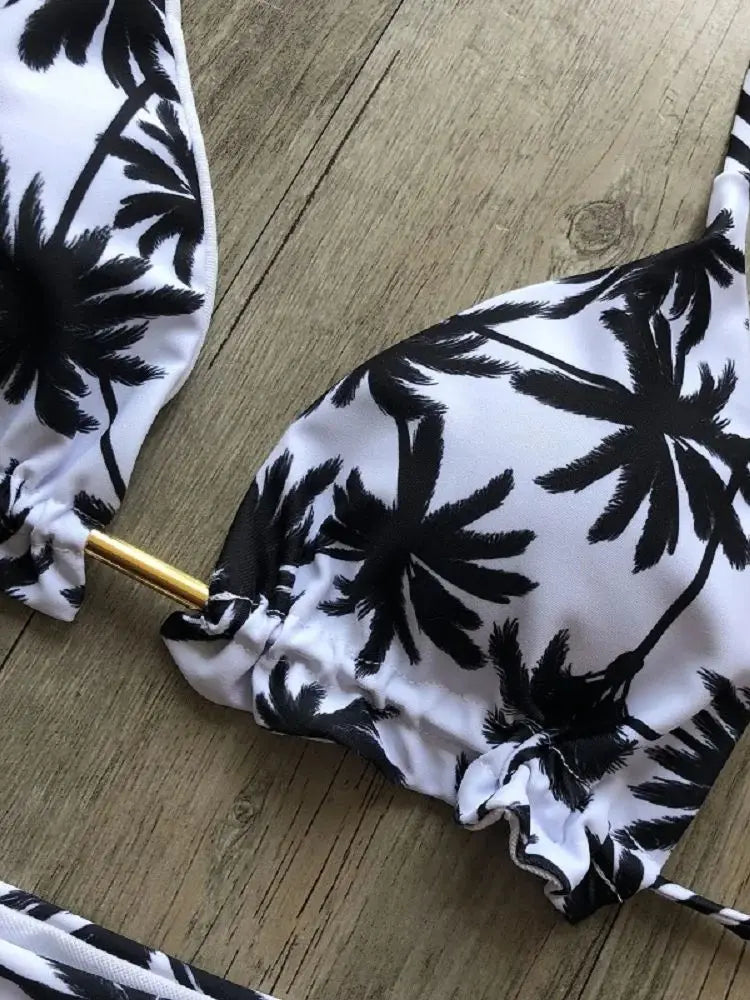 Sexy Black White Coconut Tree Printed Swimsuit Triangle Halter Bikini Brazilian Bathing Suits