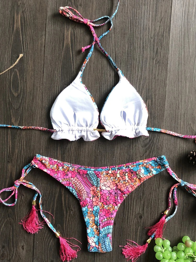 Sexy Floral Print Swimwear String Push Up Swimsuit Beach Bikini Suit