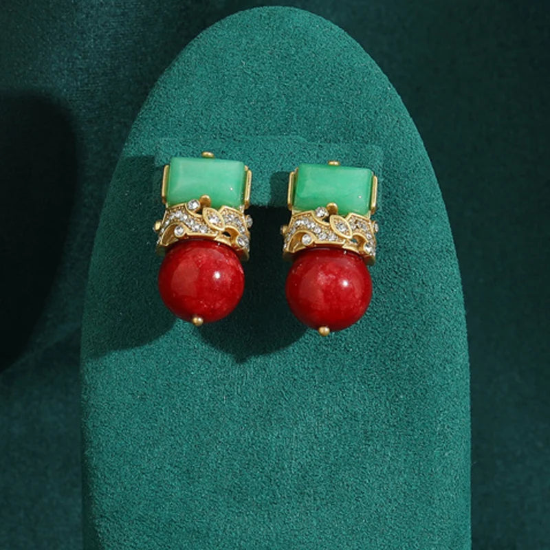 Antique Jewelry Green Natural Stone Red Glass Ball Stud Crown Vintage Wedding Earrings