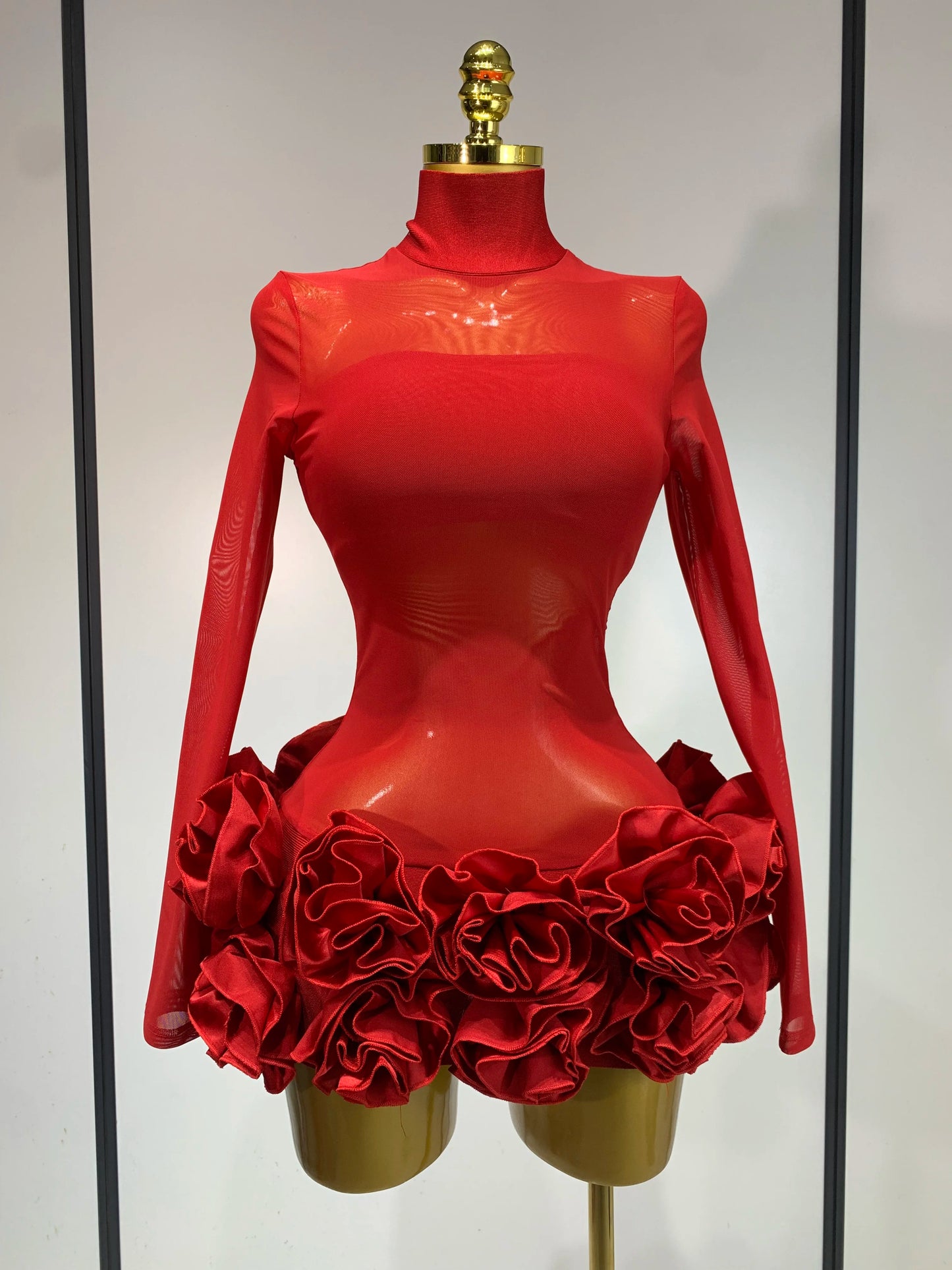 Sexy Mesh See through Stereoscopic Flowers White Red Mini Bandage Birthday Evening Party Dress