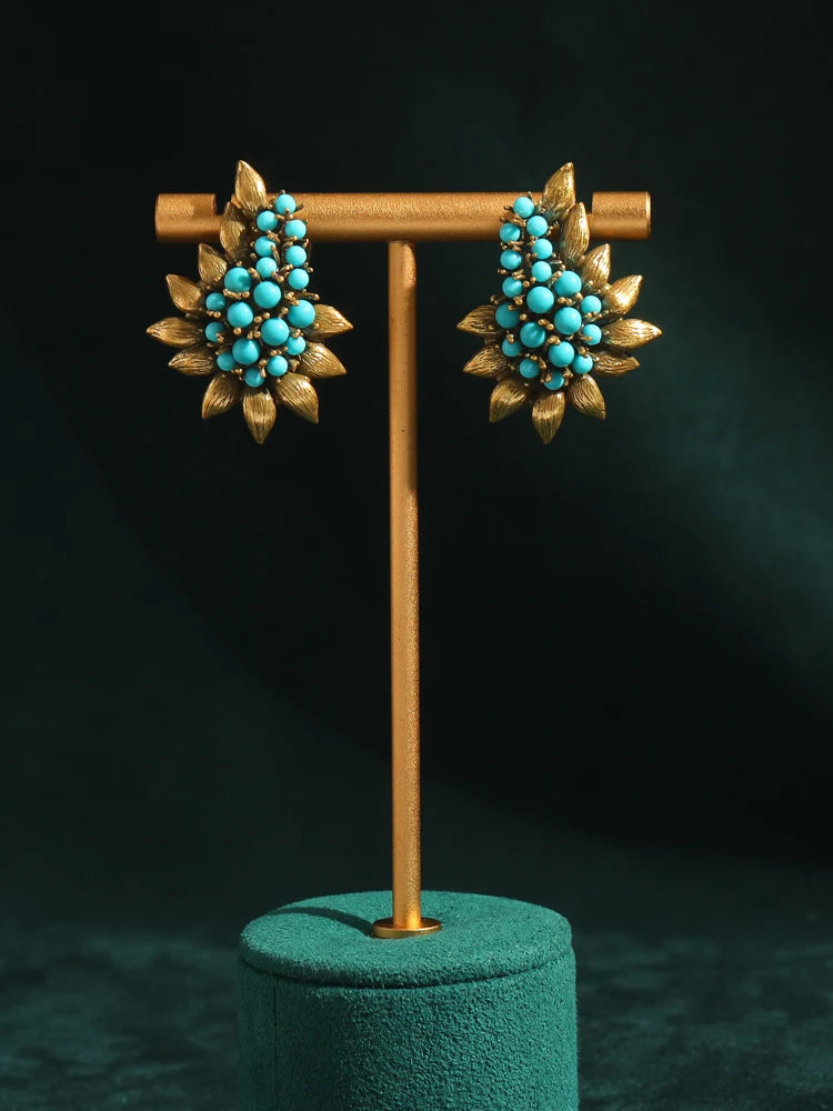 Women Vintage Beaded Sea Blue Natural Stones Tree Leaf Antique Bohemia Stud Earrings