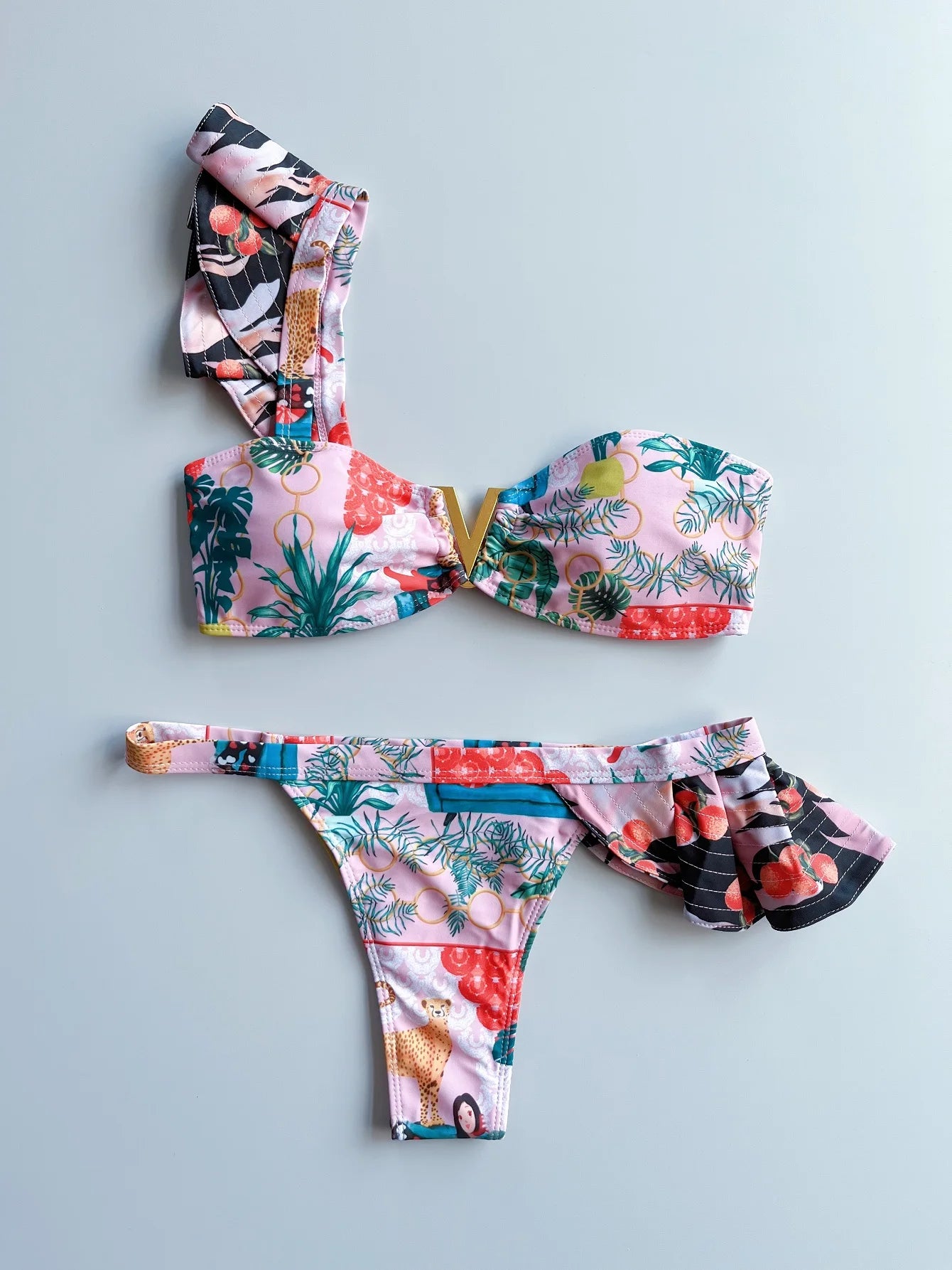 Two-Pieces Sexy Floral Push-Up Strappy Ruffles Bandage Bikini Swimsuit Swimwear Bathing Suit