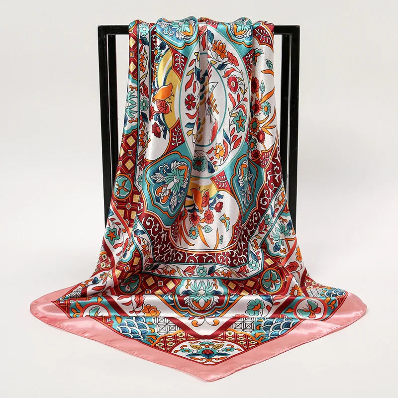 Women Fashion Silk Square Vintage Hijab Flower Prints Pashmina Bandana Scarves