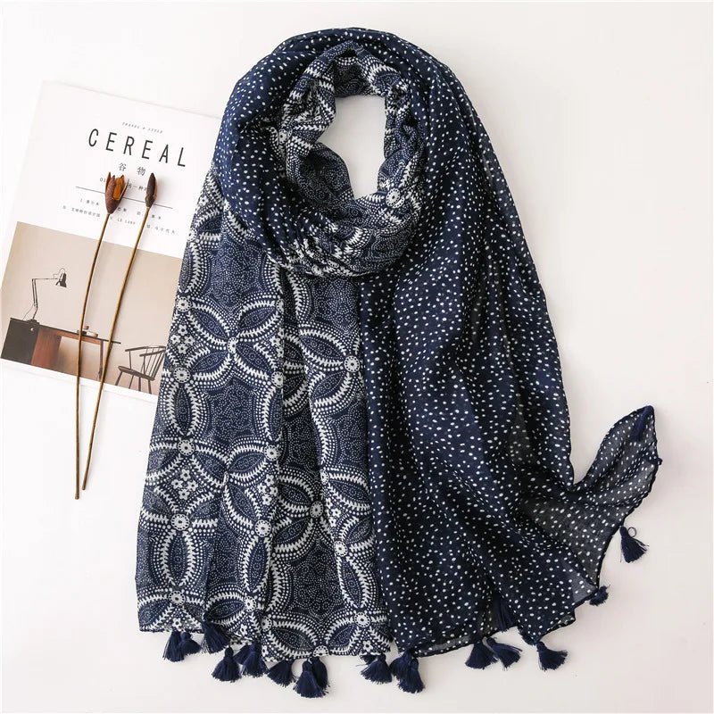 Women Fashion Large Cotton Flower Designs Tassel Prints Scarves Wrap Shawl Scarf