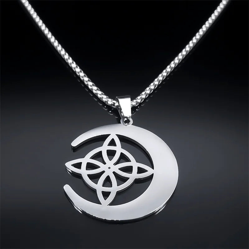 Crescent Celtic Irish Knot Stainless Steel Witch Moon Amulet Protection Chain Necklace