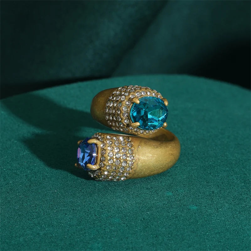 Women Blue Natural Stone Open Leopard Fashionable Water Drop Gold Color Pearl Flower Ring