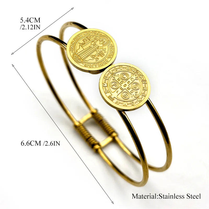 Women Men Stainless Steel Gold Silver Color Saint Benedict Medal Double Line Bangle Bracelet