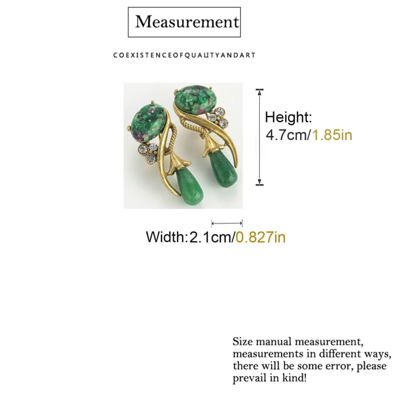 Antique Moss Green Natural Stone Flower Rhinestones Vintage Long Water Drop Earrings