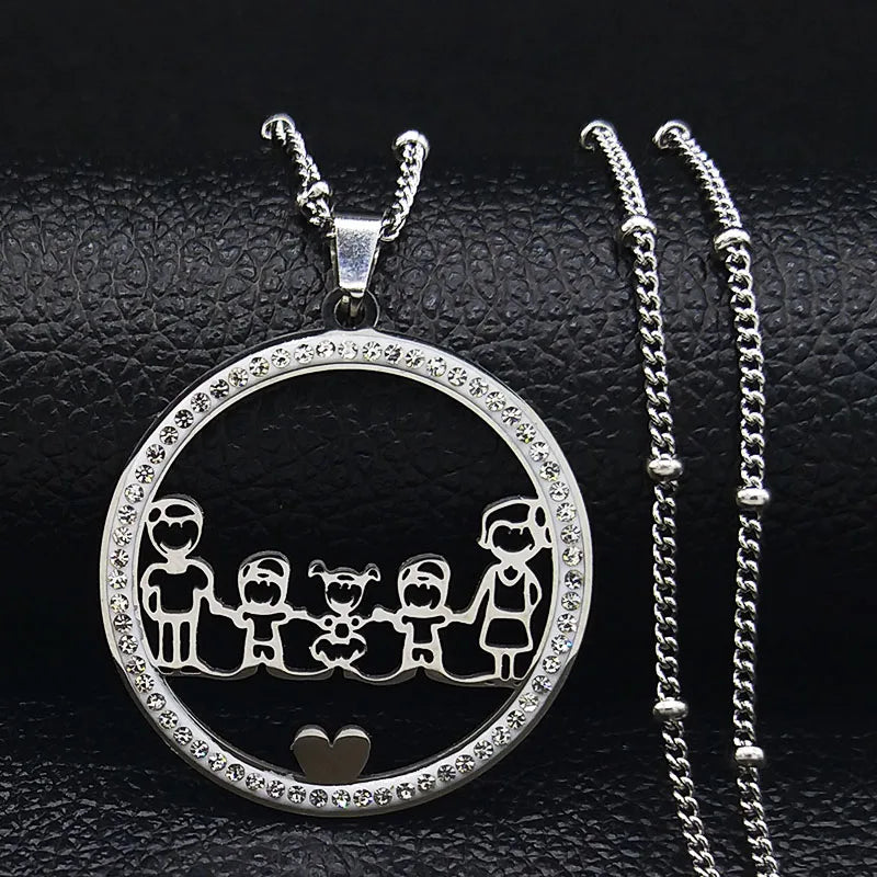 Family Boy Gril Stainless Steel Silver Color Crystal Necklace