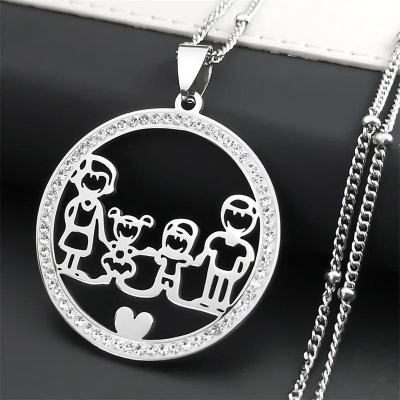 Family Boy Gril Stainless Steel Silver Color Crystal Necklace
