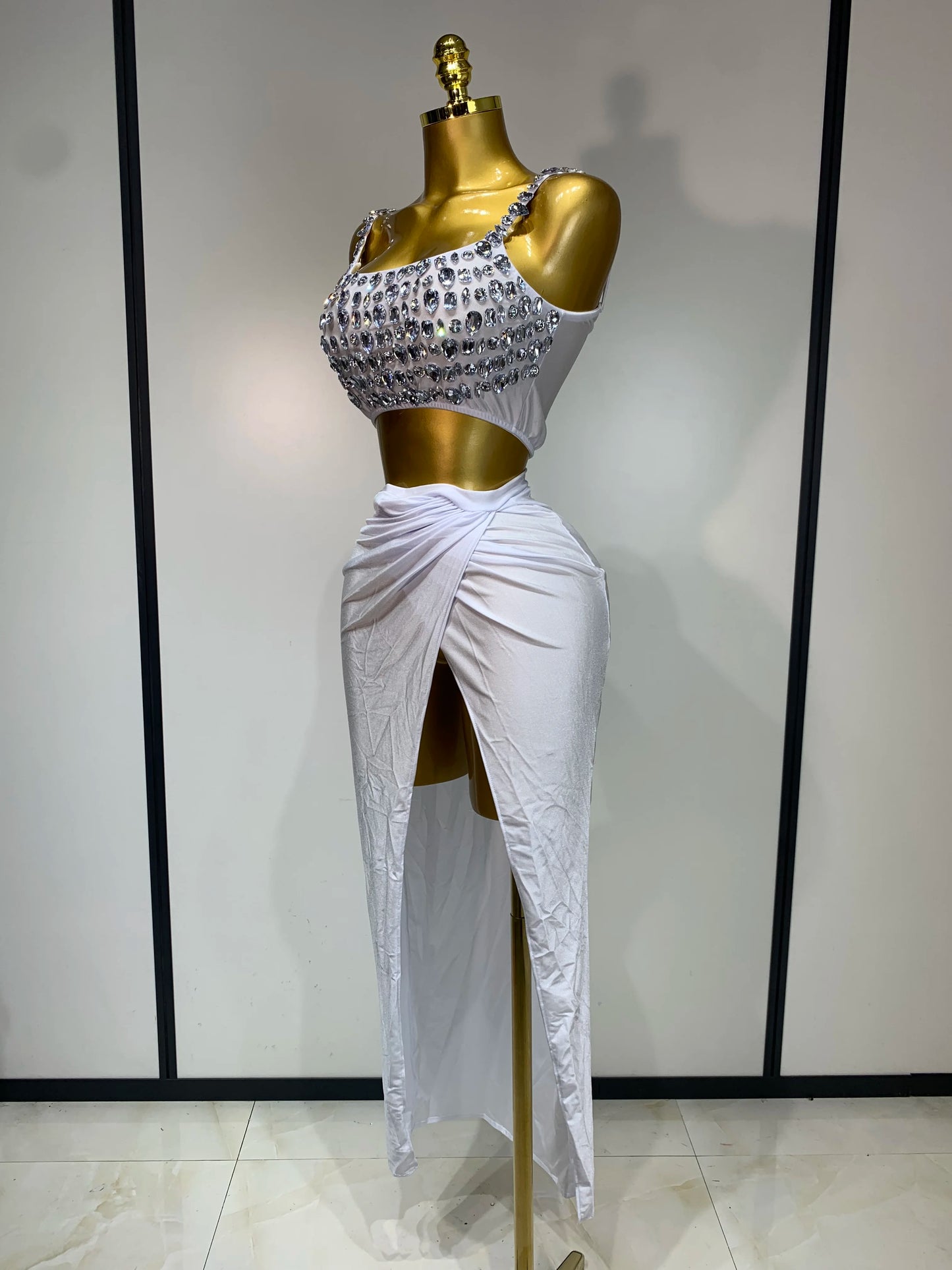 Women Sparkly Rhinestone Crop Tops Long Skirt Two Pieces Birthday Party Dinner Dress