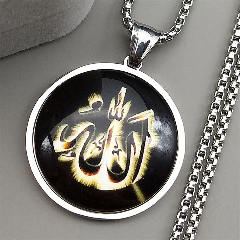 Men Women Stainless Steel Gold Color Islamic Muslim Amulet Arabic Allah Shine Glass Pendant Necklace