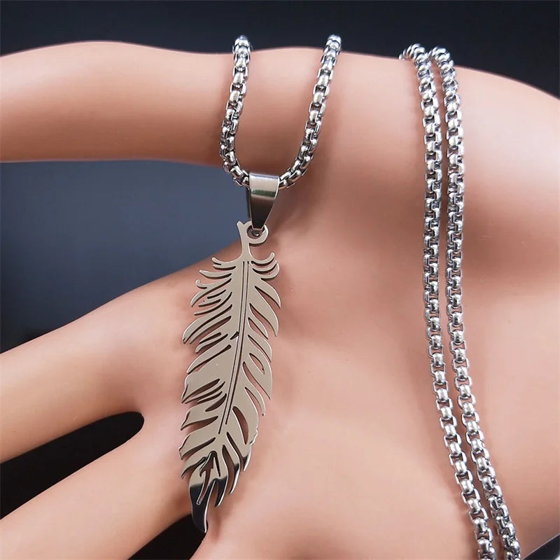 Boho Leaf Feather Women Men Stainless Steel Silver Color Chain Pendant Necklace